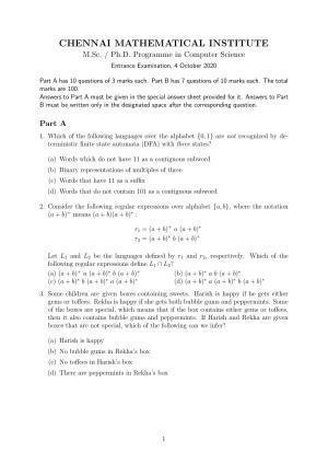 CMI Entrance Exam 2020 Question Paper MSc/PhD Computer Science