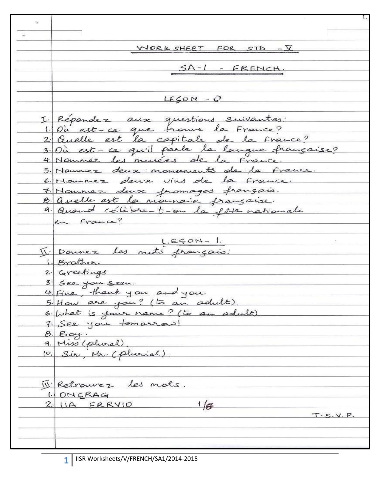 Worksheet for Class 5 French Assignment 1 - Page 1