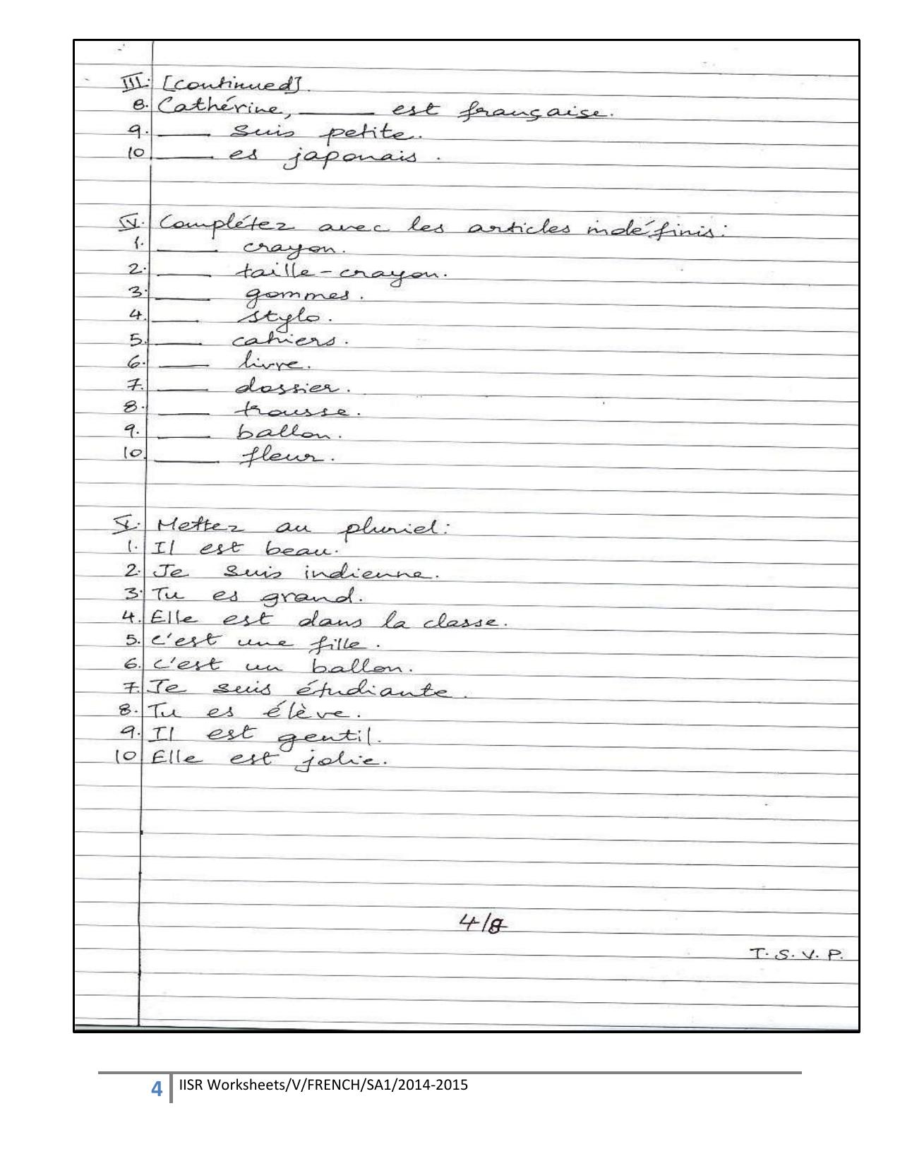 Worksheet for Class 5 French Assignment 1 - Page 4