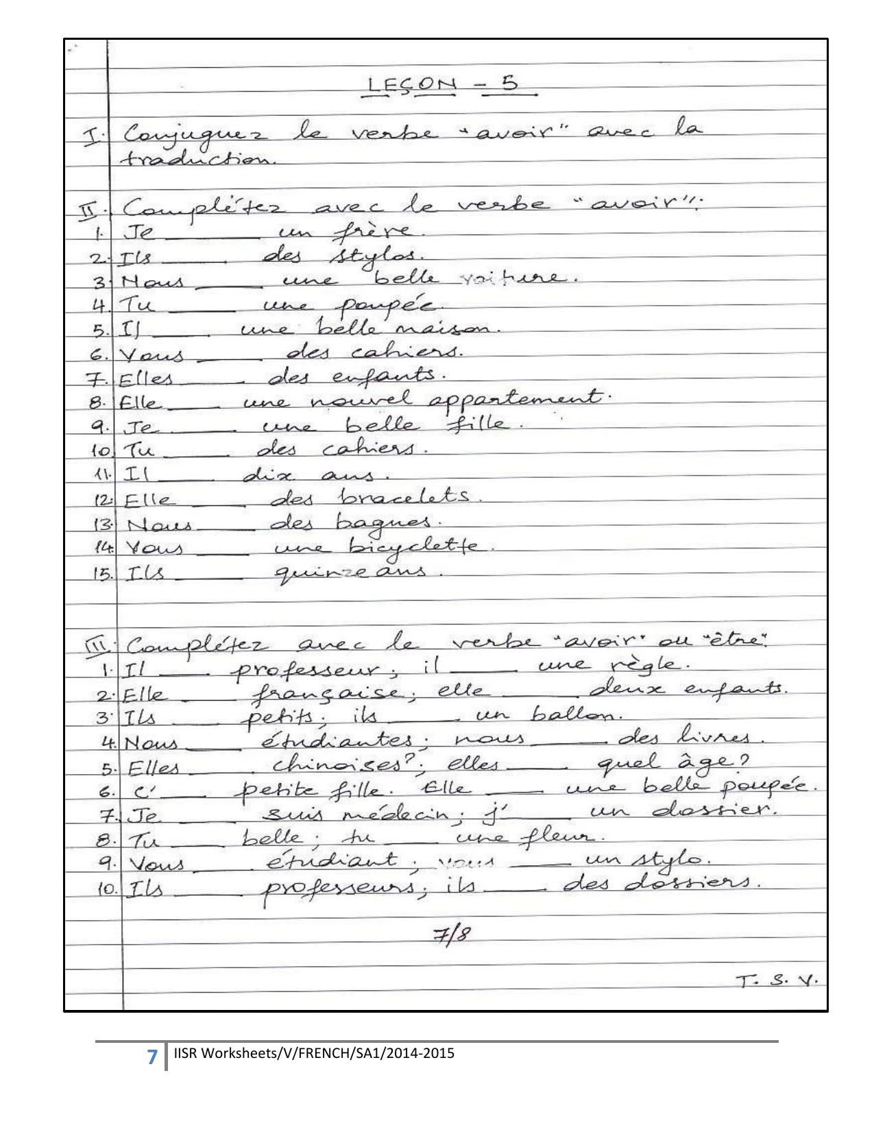 Worksheet for Class 5 French Assignment 1 - Page 7