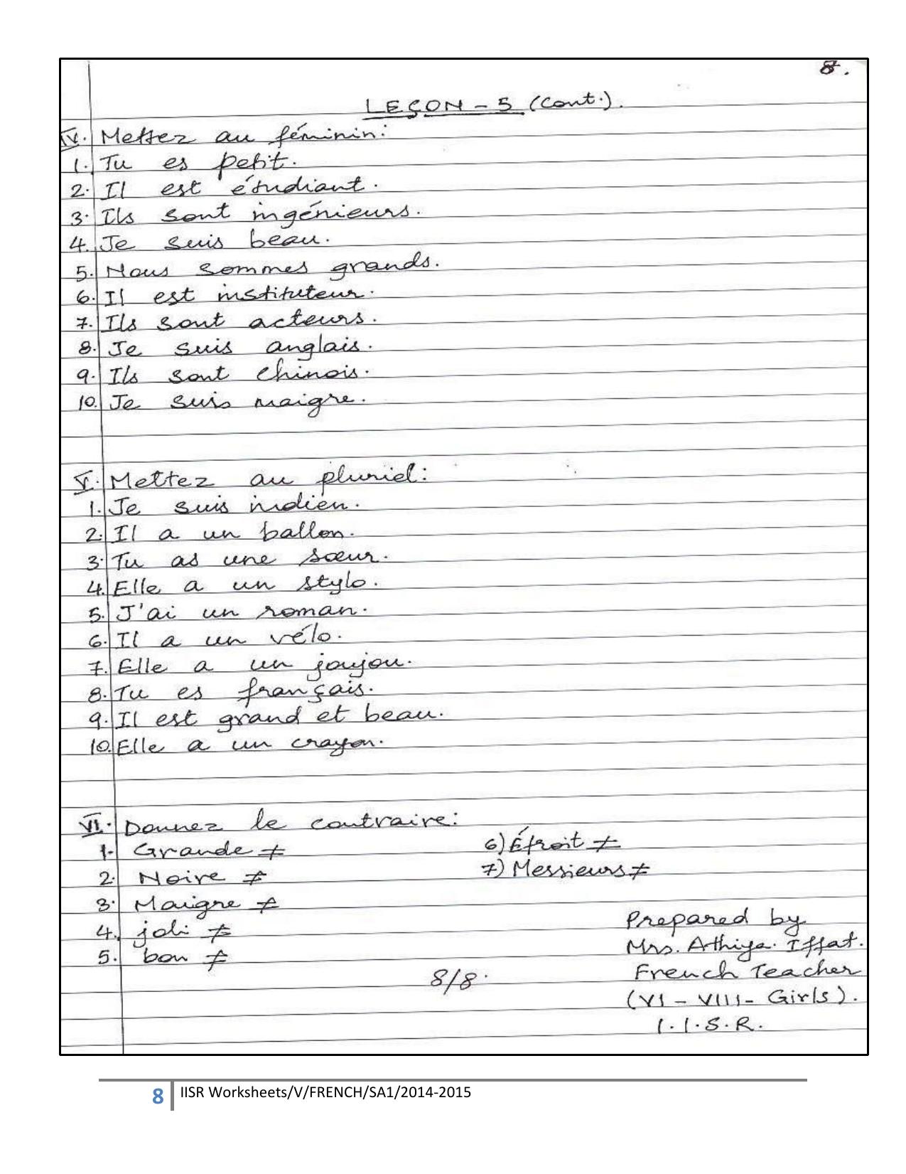 Worksheet for Class 5 French Assignment 1 - Page 8