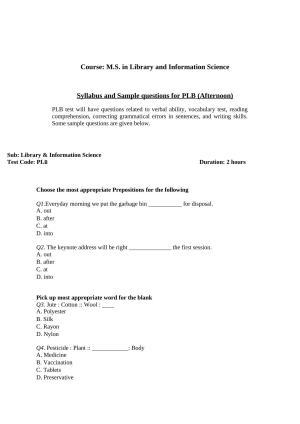 ISI Admission Test M.S (LIS) PLB 2019 Sample Paper