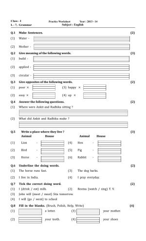 Worksheet for Class 1 English Assignment 31 Grammer and Vocabulary