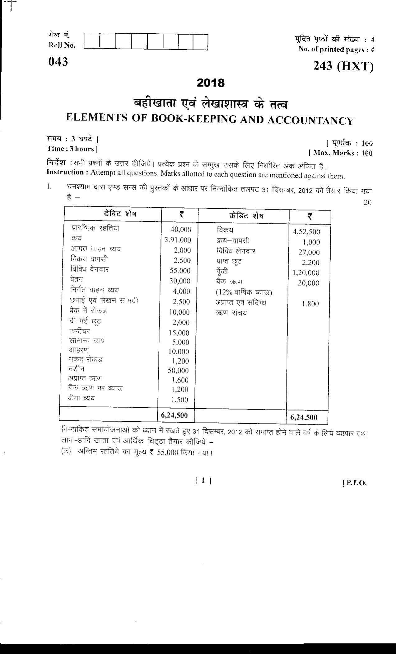 UBSE Class 10 Accountancy 2018 Question Paper - Page 1