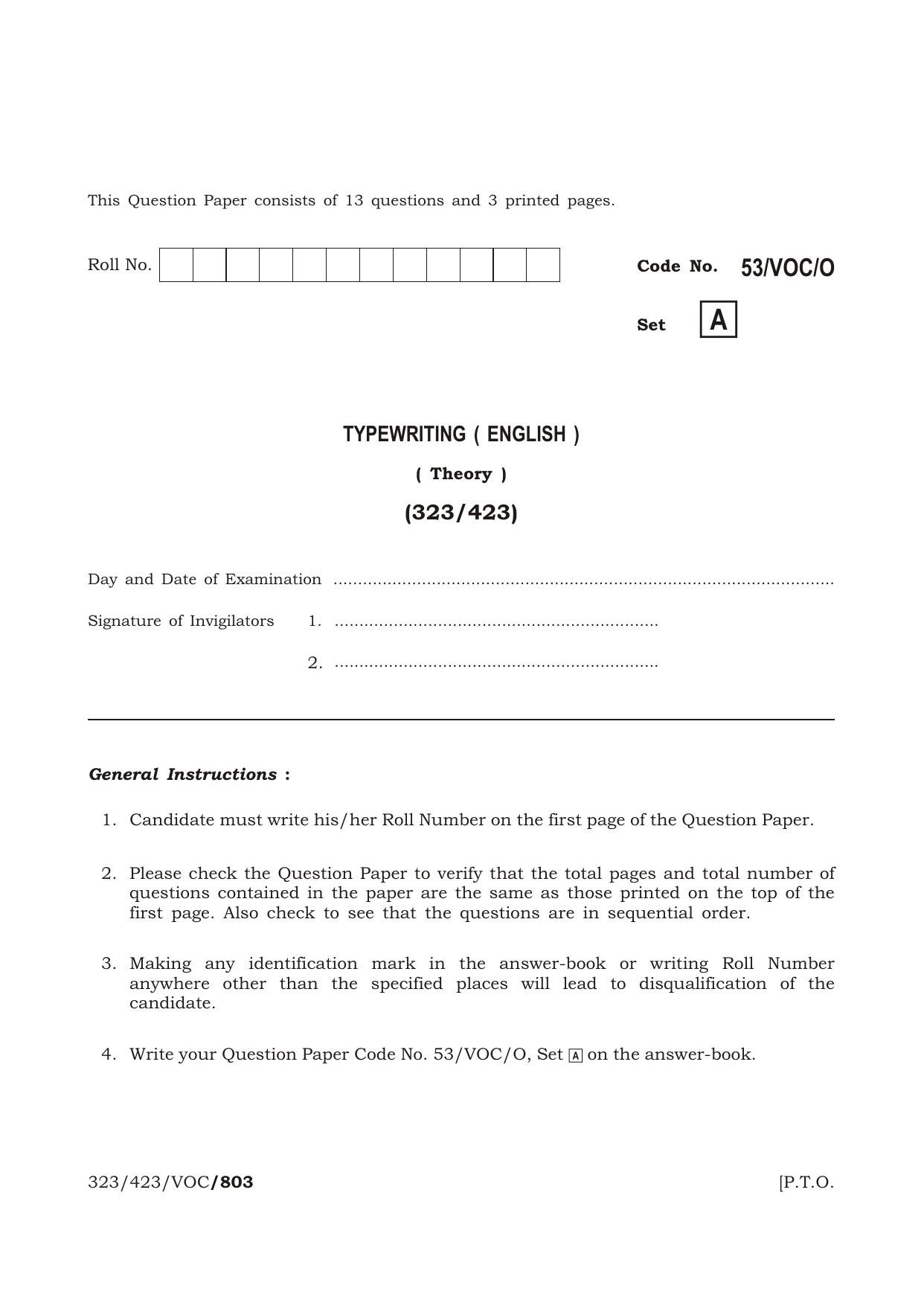 NIOS October 2016 Class 12 Typewriting (English) Question Paper - Page 1