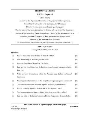ICSE Class 10 History & Civics - H.C.G. - Paper 1 2019 Question Paper
