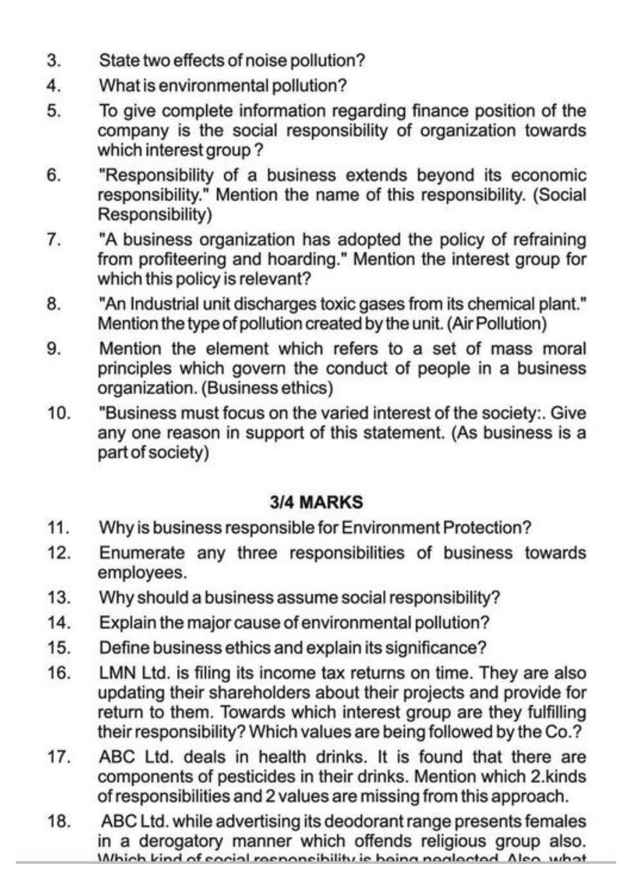 Class 11 Notes, Question & Practice Paper - Business Studies (Topic 6 : Social Responsibilities of Business and Business Ethics) - Page 7
