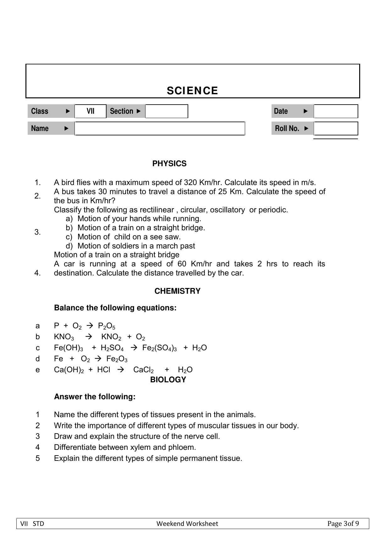 CBSE Worksheets for Class 7 Science Physics Chemistry Biology Assignment 8 - Page 1