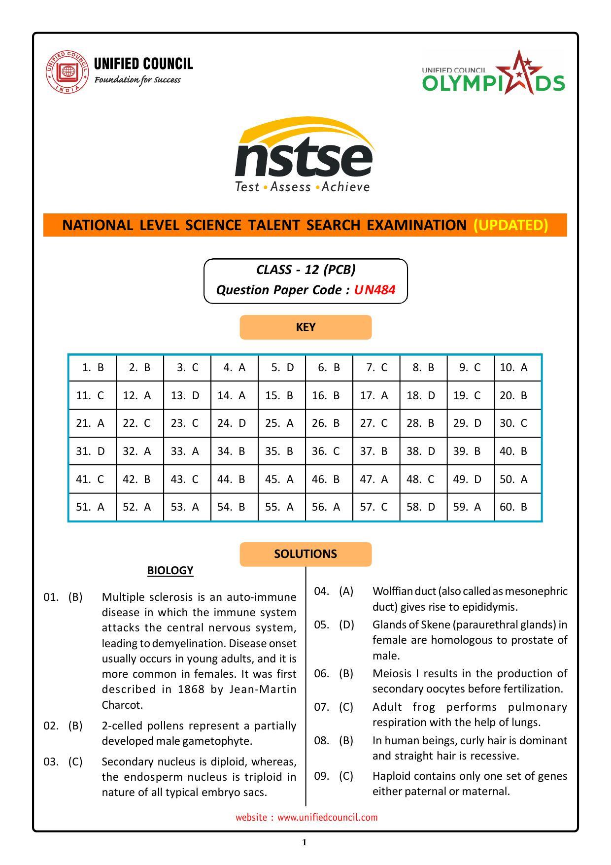 NSTSE 2023 Class 12 PCB Answer Key (Paper Code 484) - Page 1
