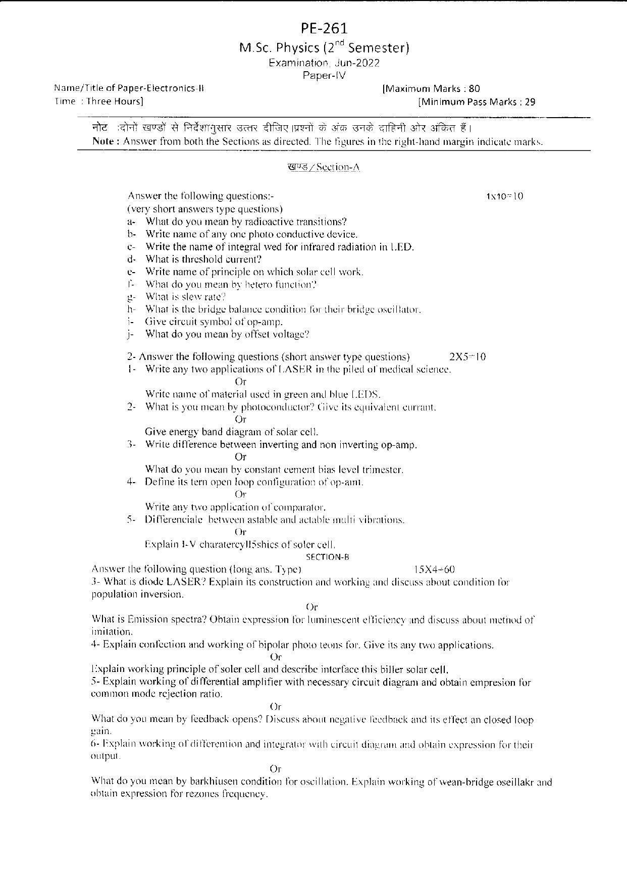 Bilaspur University Question Paper June 2022: M.Sc. Physics (Second Semester) Electronics (II) - IV Paper 1 - Page 1