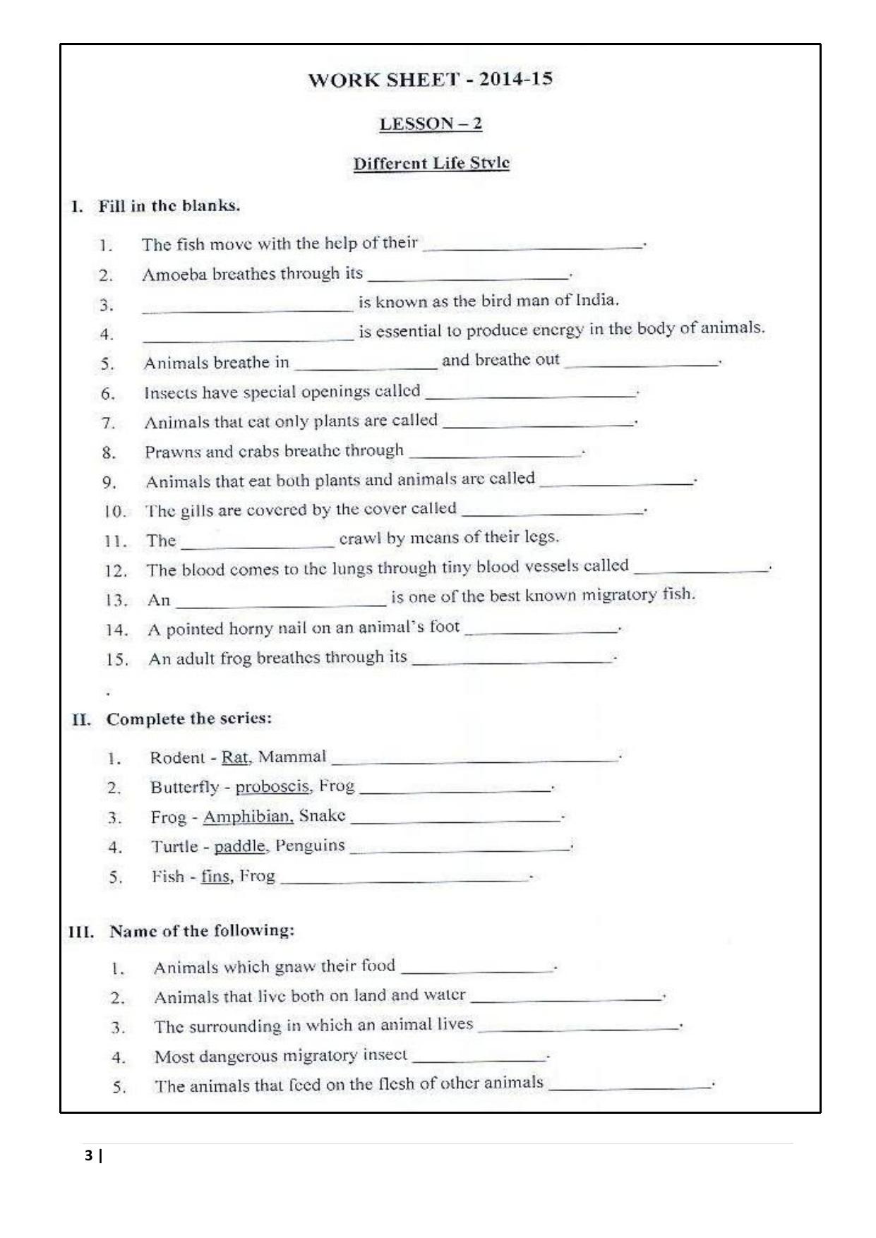 Worksheet for Class 5 Science Different Life Style Assignment 3 - Page 1