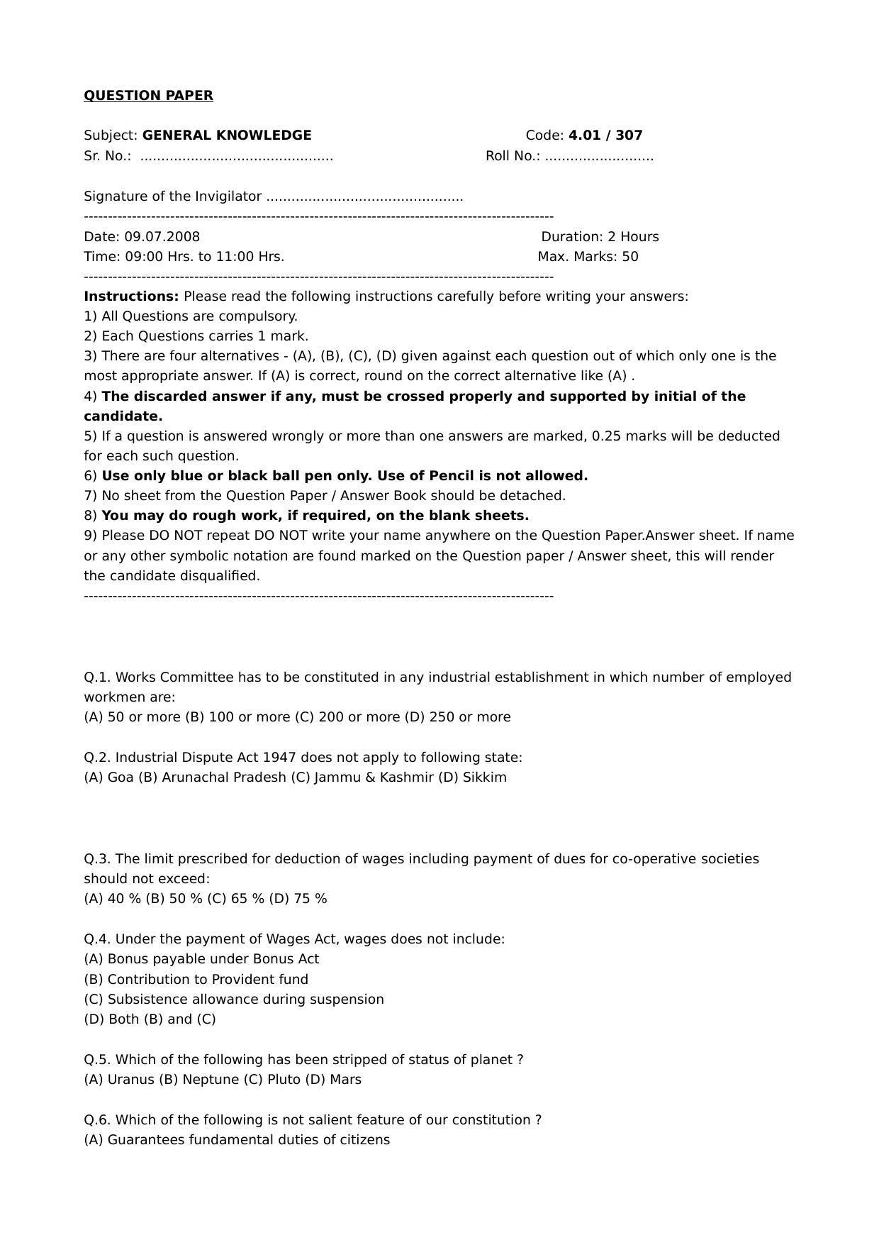 SCERT Assam 2008 General Knowledge D.El.Ed PET Model Paper - Page 1
