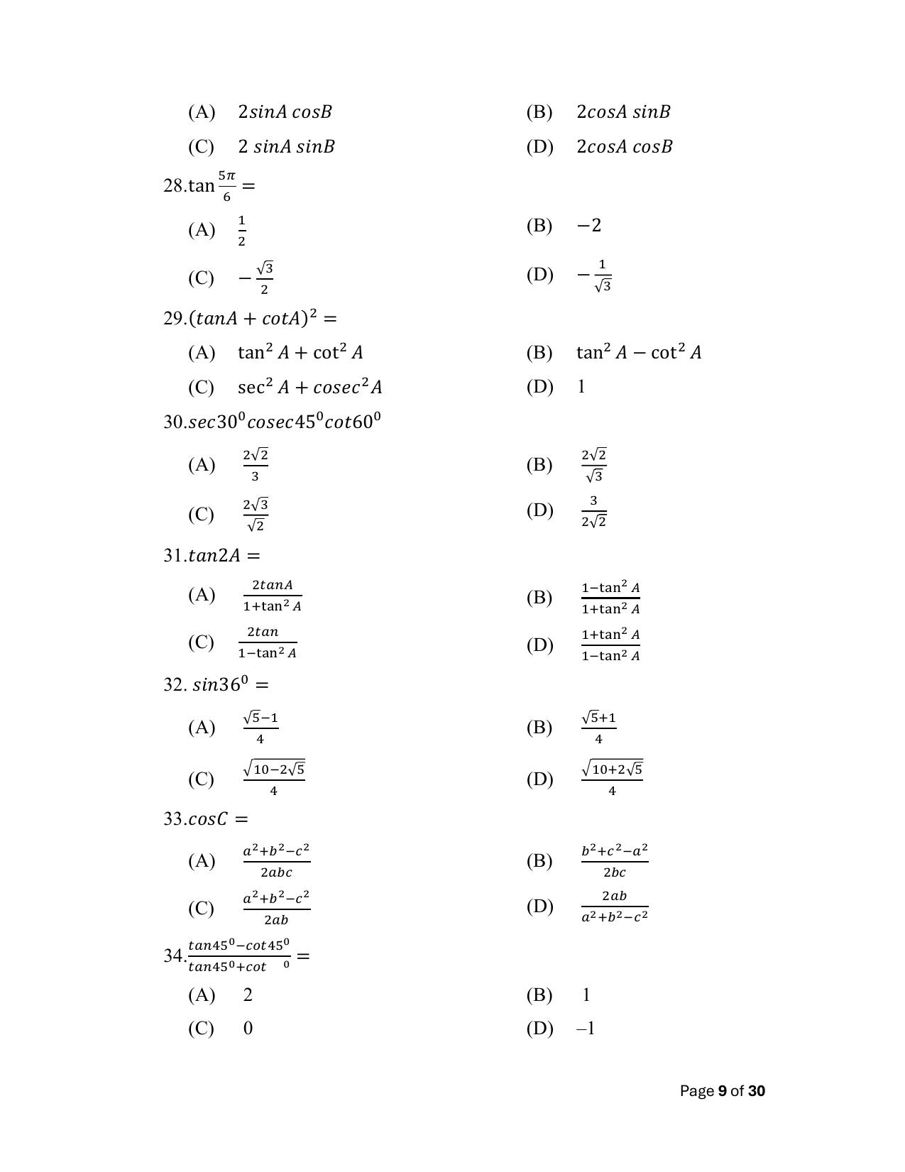 Bihar Board (BSEB) Class X: 114- OPT- ADV. MATH 2025 Model Question Paper - Page 9