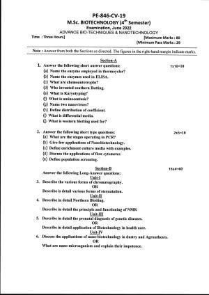 Bilaspur University Question Paper June 2022:M.Sc. Biotechnology(Fourth Semester) Advanced Bio-Techniques And Nanotechnology Paper 1