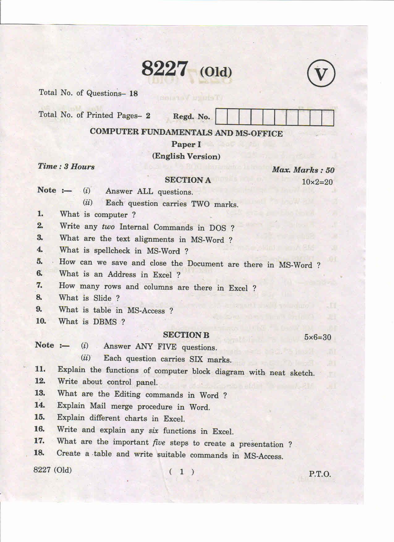 AP Inter 1st Year Computer Fundamentals and Ms-Office-I (Old) May-2019-Vocational Question Paper - Page 1