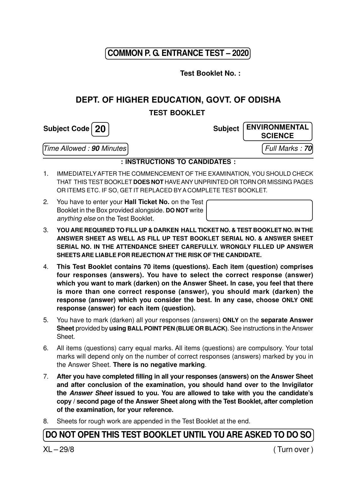 Odisha CPET ENVIRONMENTAL-SCIENCE 2020 Question Paper - Page 1