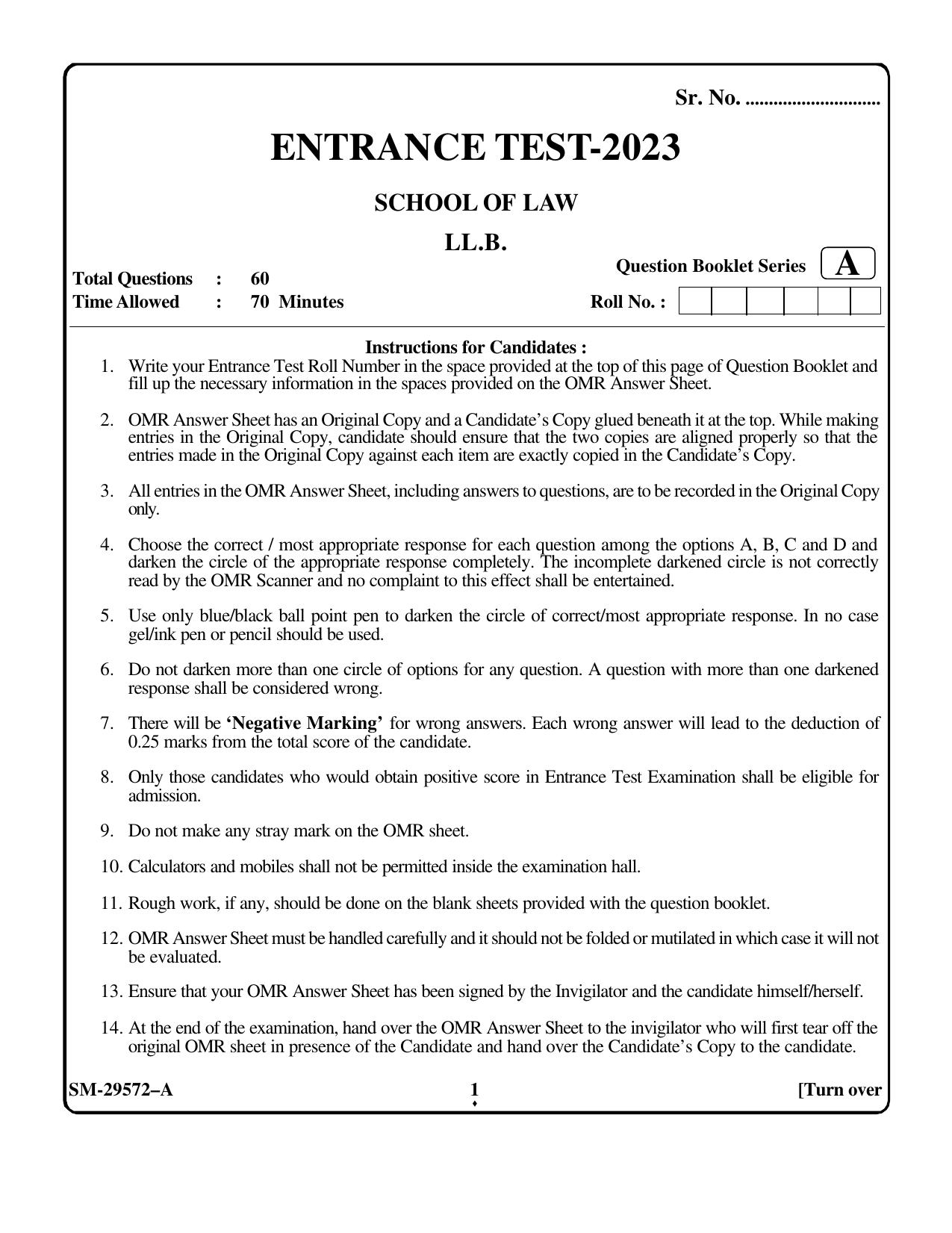 KUET 2023 L.L.B Question Paper - Page 1