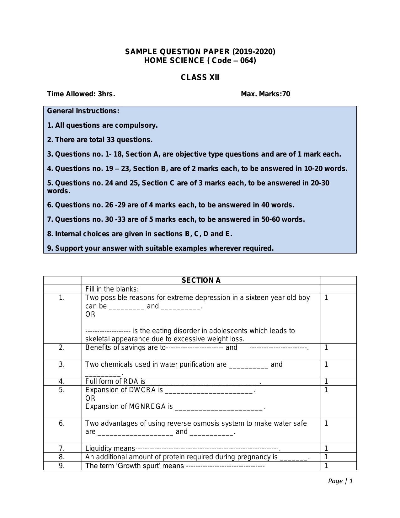 CBSE Class 12 Home Science -Sample Paper 2019-20 - Page 1