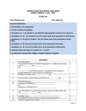 CBSE Class 12 Home Science -Sample Paper 2019-20