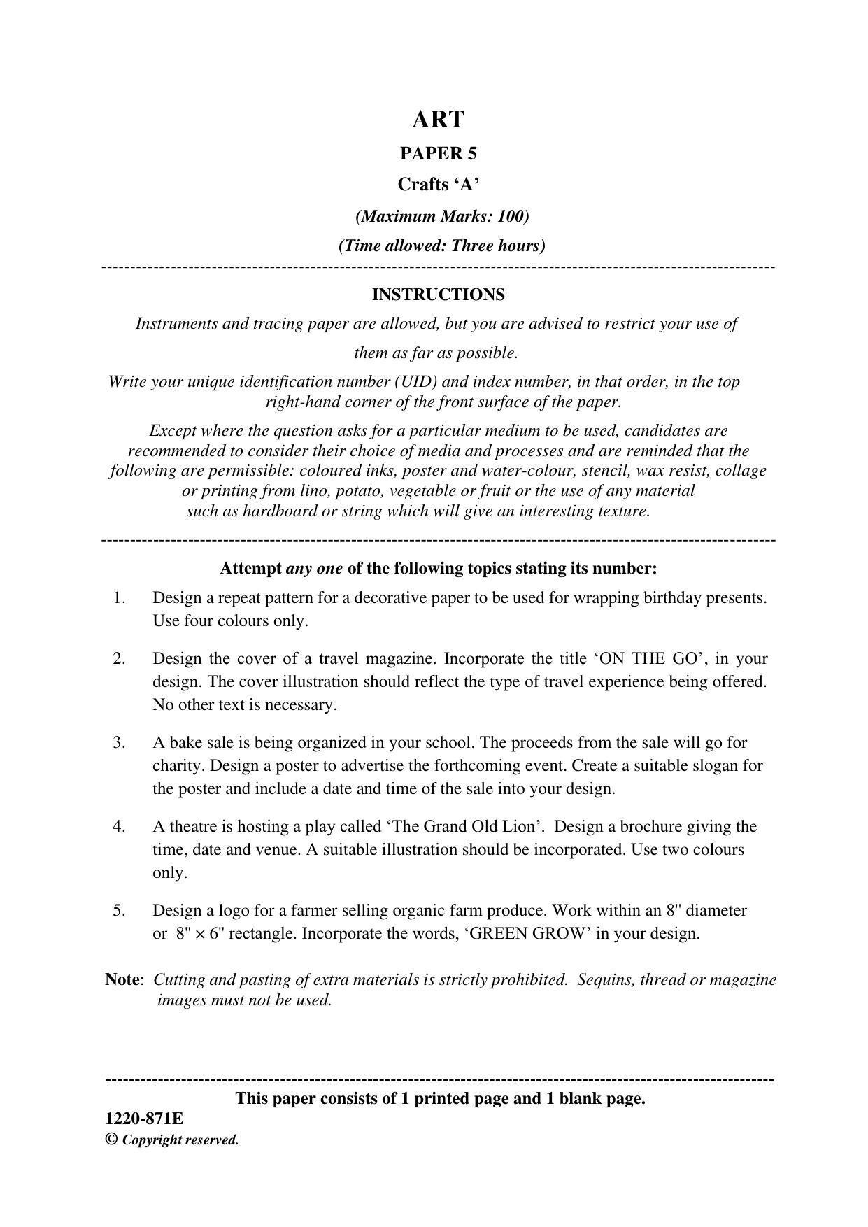 ISC Class 12 2020 Art Paper V Question Paper - Page 1