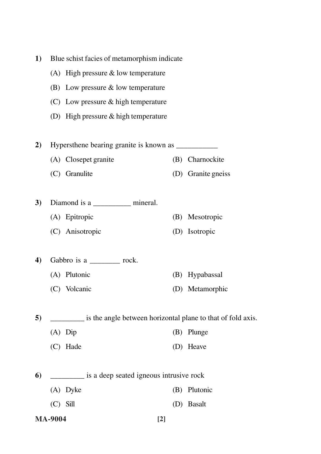 Mysore University PG Entrance Exam 2022: M.Sc. Geology-Applied Geology-Earth Science and Disaster Management Question Paper - Page 2