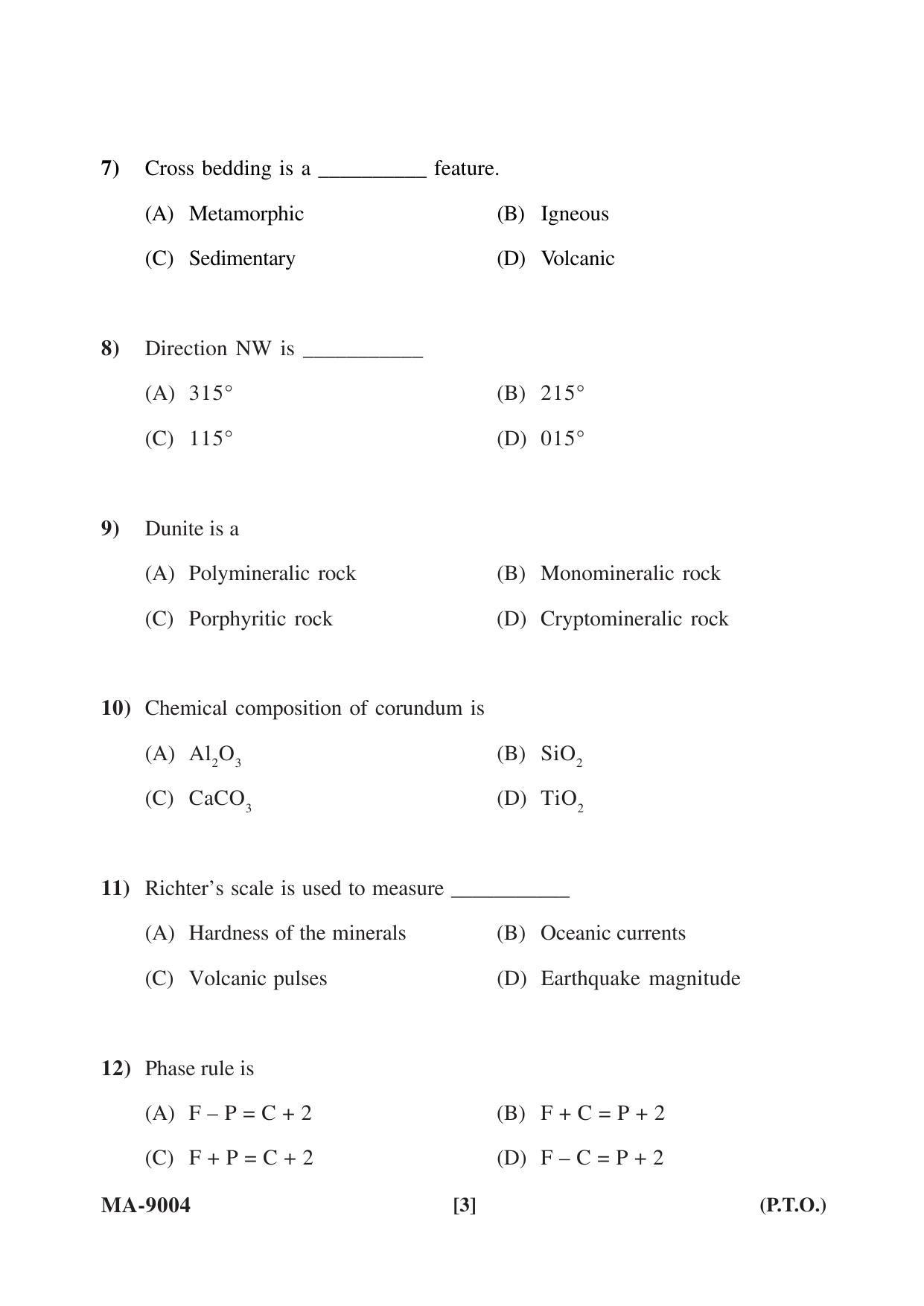 Mysore University PG Entrance Exam 2022: M.Sc. Geology-Applied Geology-Earth Science and Disaster Management Question Paper - Page 3