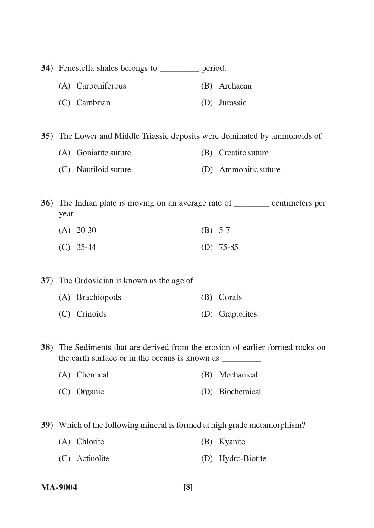 Mysore University PG Entrance Exam 2022: M.Sc. Geology-Applied Geology-Earth Science and Disaster Management Question Paper - Page 8