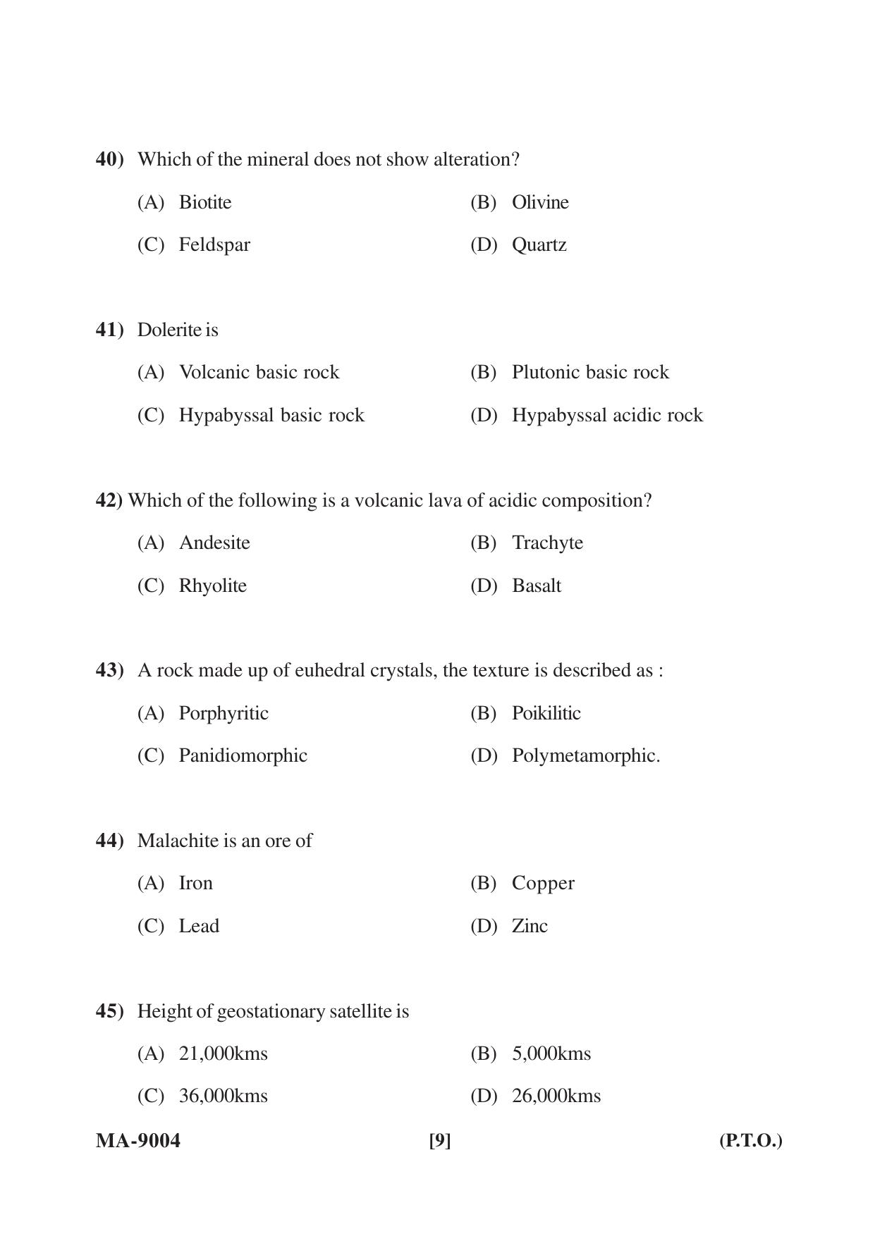 Mysore University PG Entrance Exam 2022: M.Sc. Geology-Applied Geology-Earth Science and Disaster Management Question Paper - Page 9
