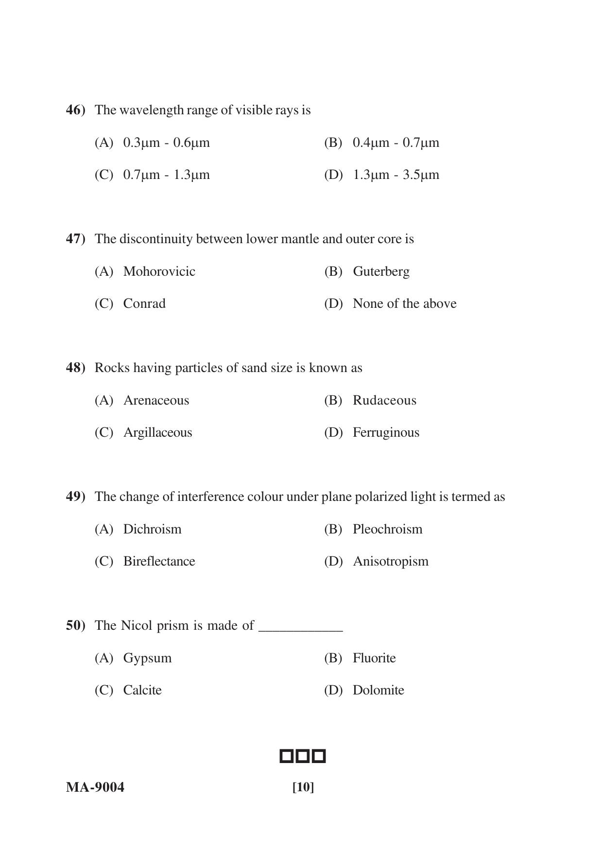 Mysore University PG Entrance Exam 2022: M.Sc. Geology-Applied Geology-Earth Science and Disaster Management Question Paper - Page 10