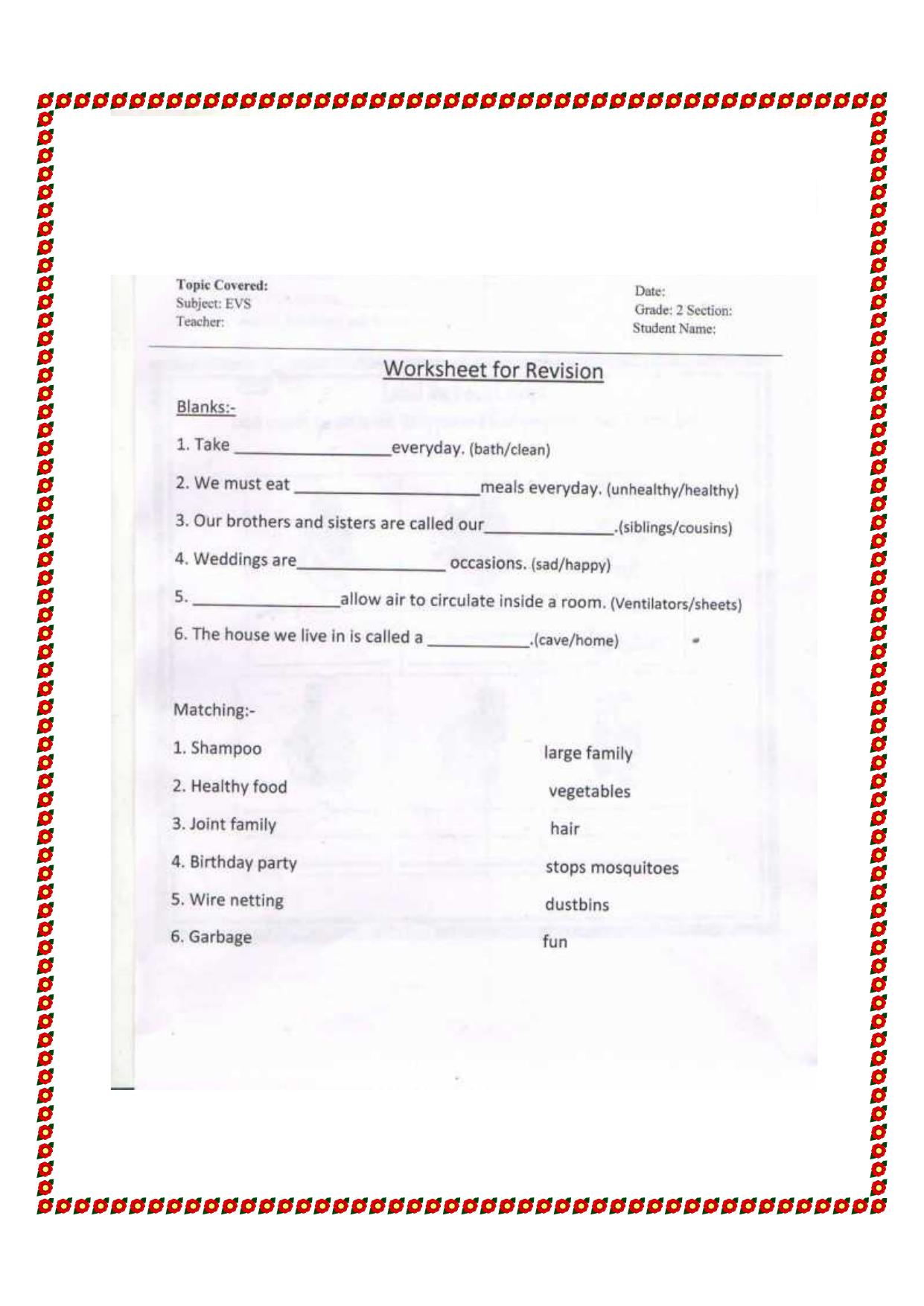 Revision Worksheets for Class 2 EVS Assignment 57 - Page 1