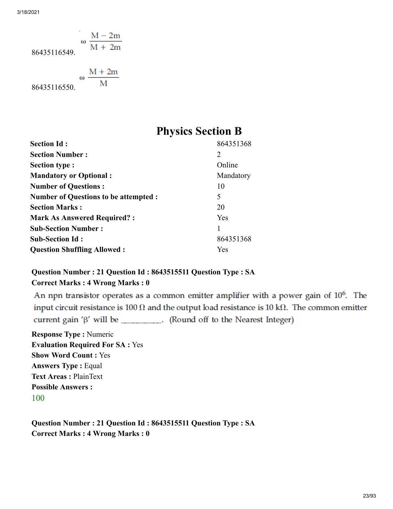 JEE Mains 2021: BTech EMA (Shift 1) 18-03-2021 Question Paper - Page 23