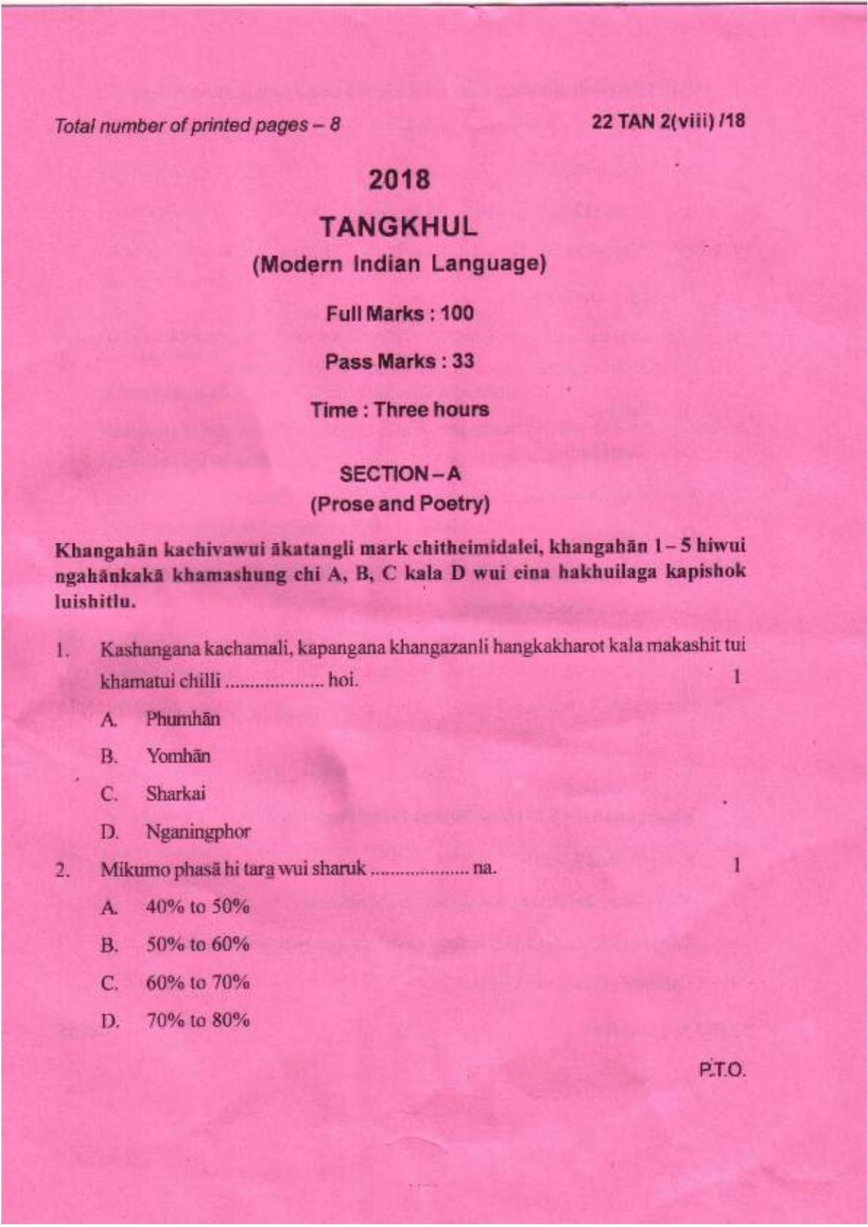 COHSEM Class 12	Tangkhul (M.I.L.) 2018 Question Papers - Page 1