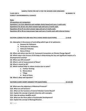 JKBOSE Class 12 EVS Model Question Paper