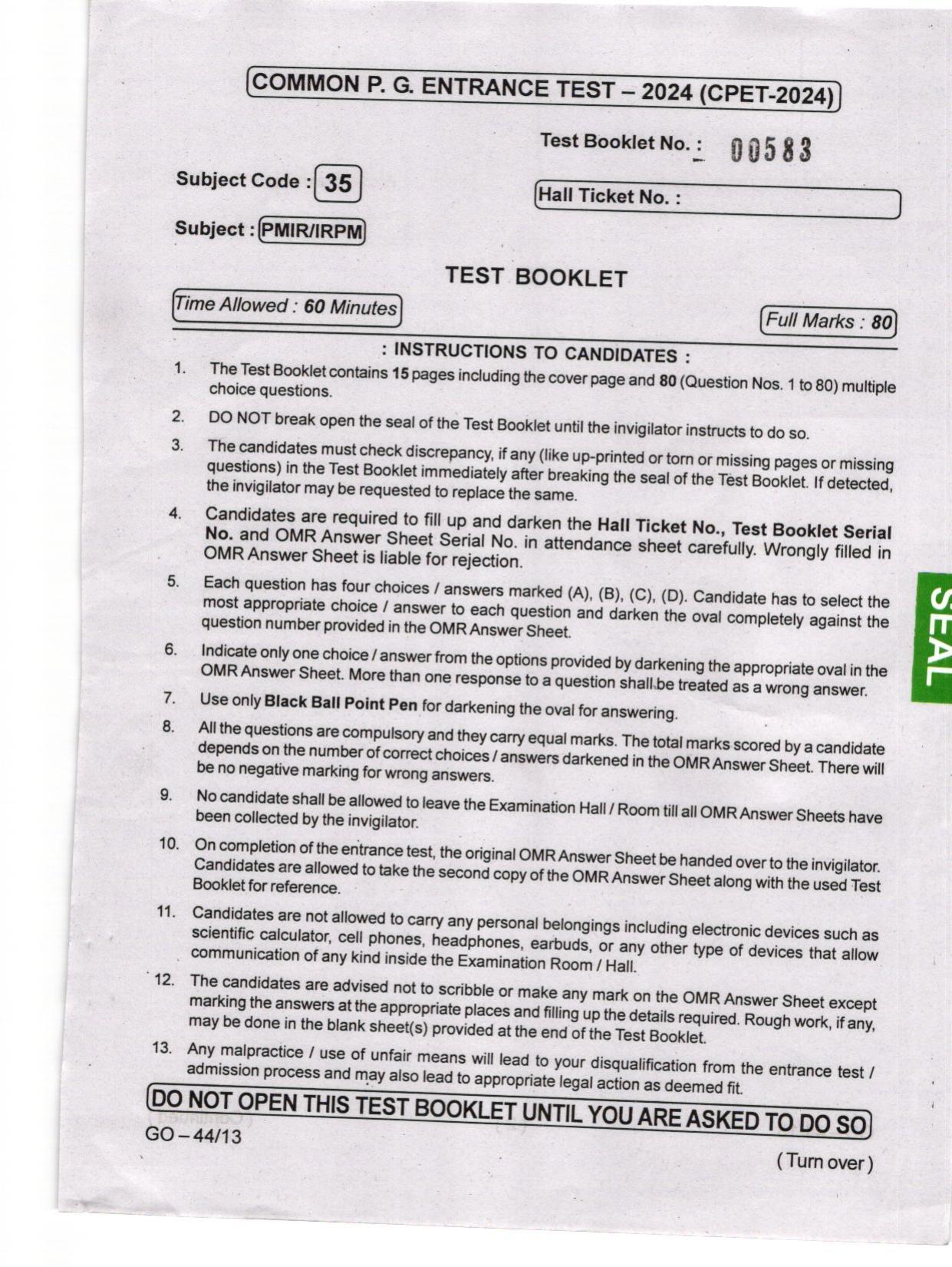 Odisha CPET 2024 IRPM Question Papers - Page 1