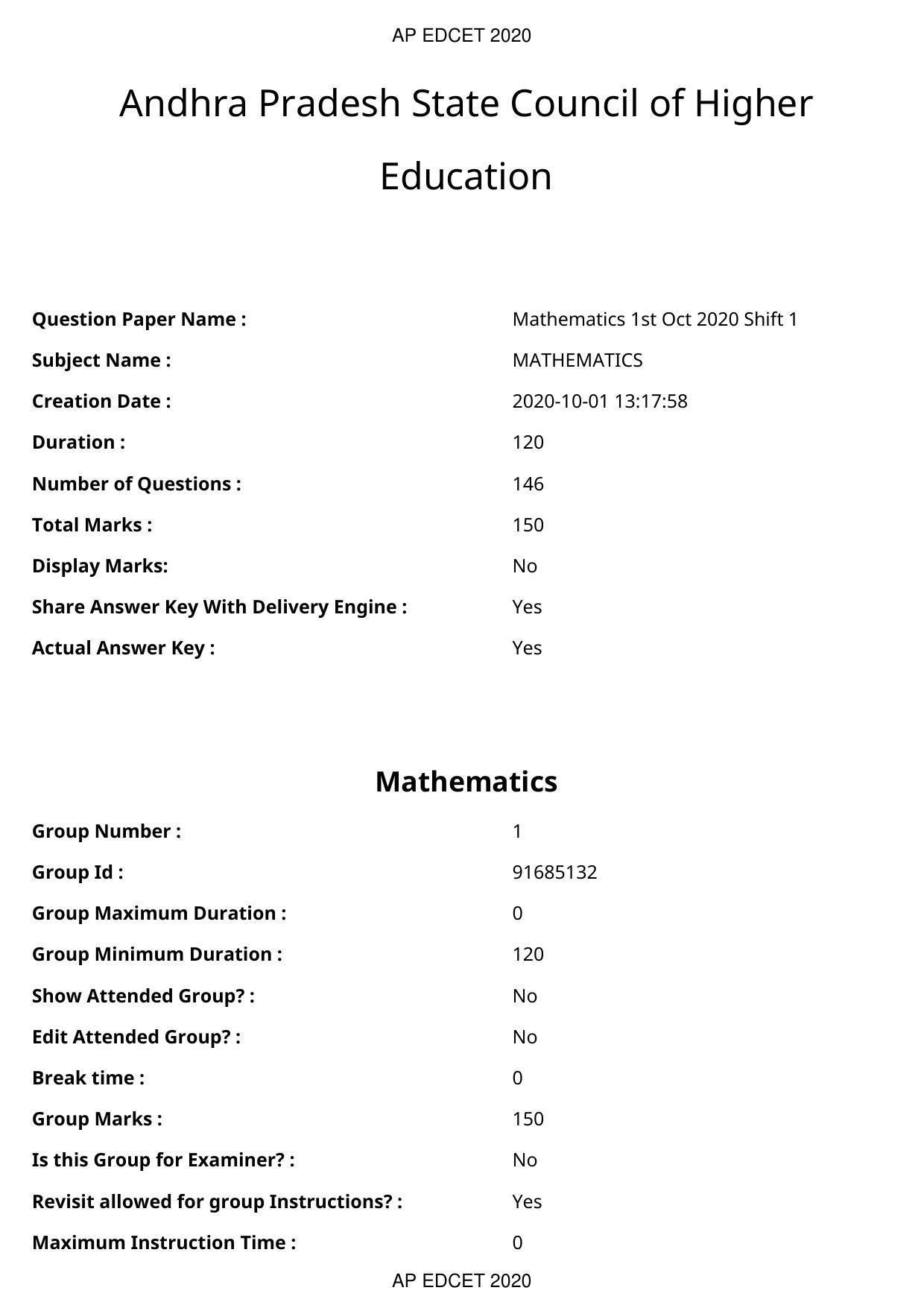 AP EDCET 2020 Maths Question Paper Shift 1 - Page 1