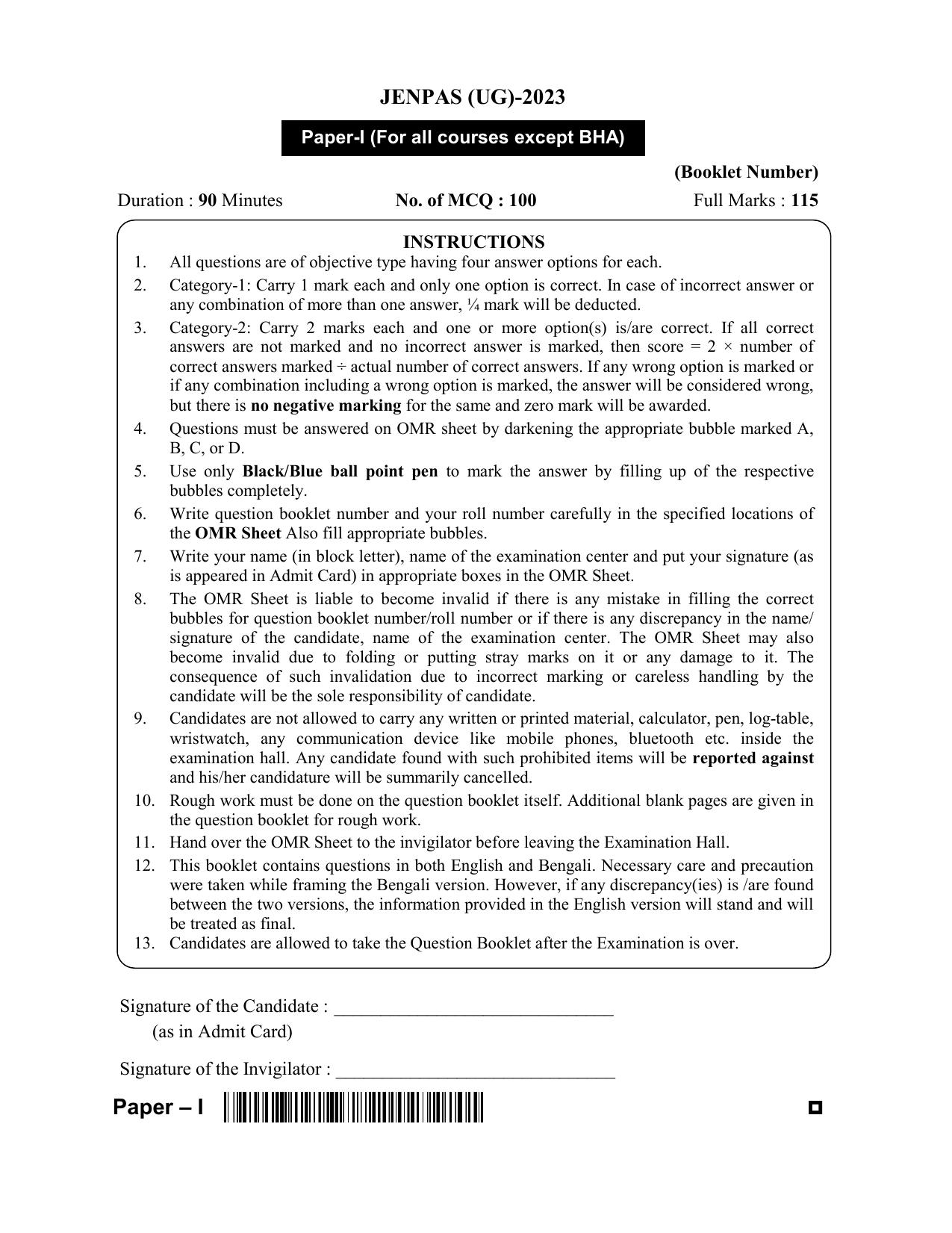 JENPAS (UG) 2023 Question Paper - Page 1