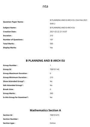 JEE Mains 2021: B Arch & B Planning Urdu (Shift 2) 23-02-2021 Question Paper