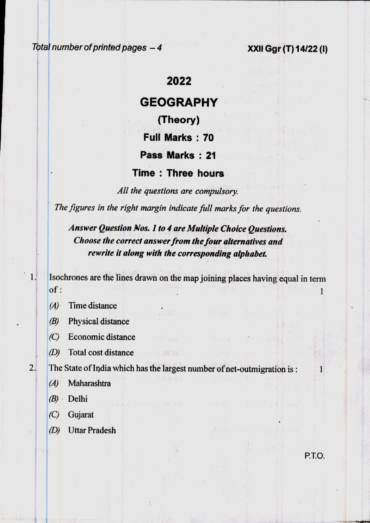 COHSEM 12th Question Papers Improvement 2022 Geography - Page 1