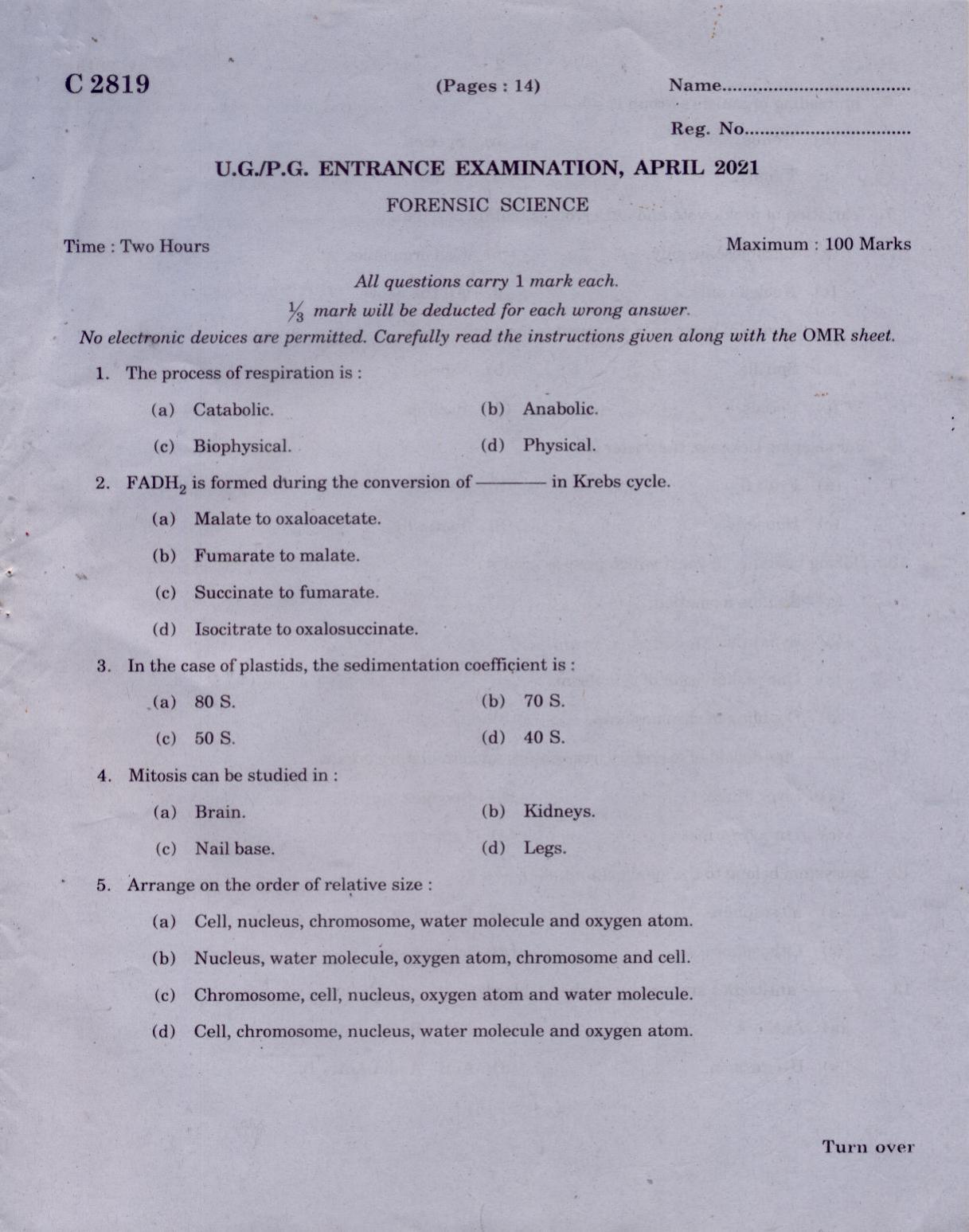 CUCAT 2021 M.Sc Forensic Science Question Paper - Page 1