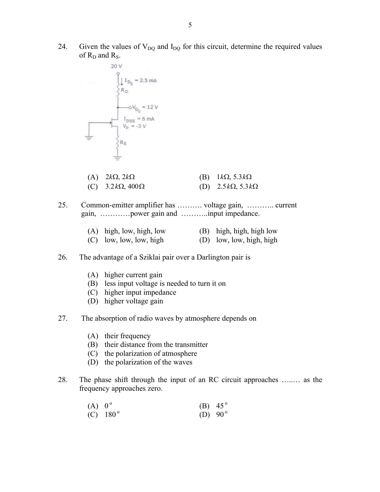 CUSAT CAT 2017 Electronics Question Paper - Page 5