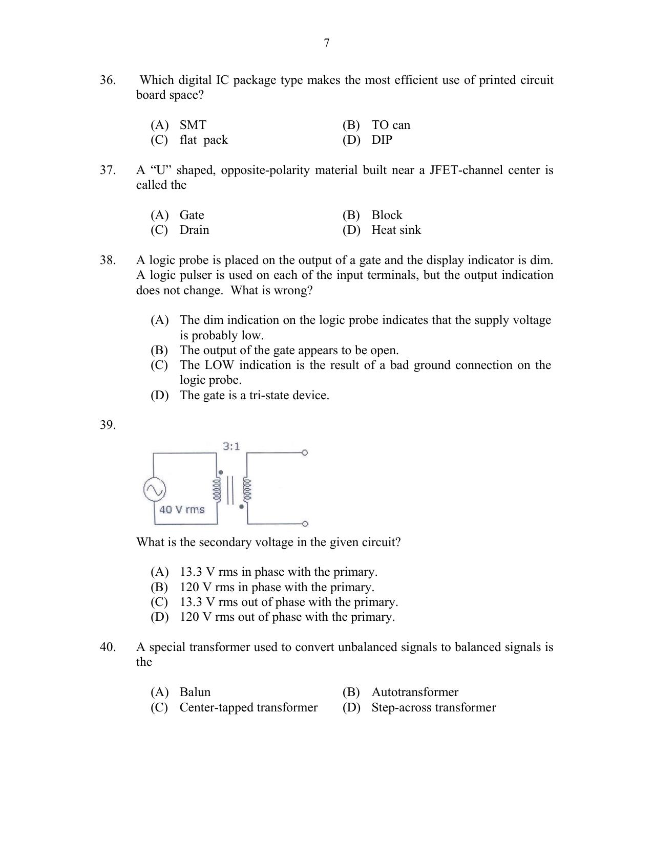 CUSAT CAT 2017 Electronics Question Paper - Page 7
