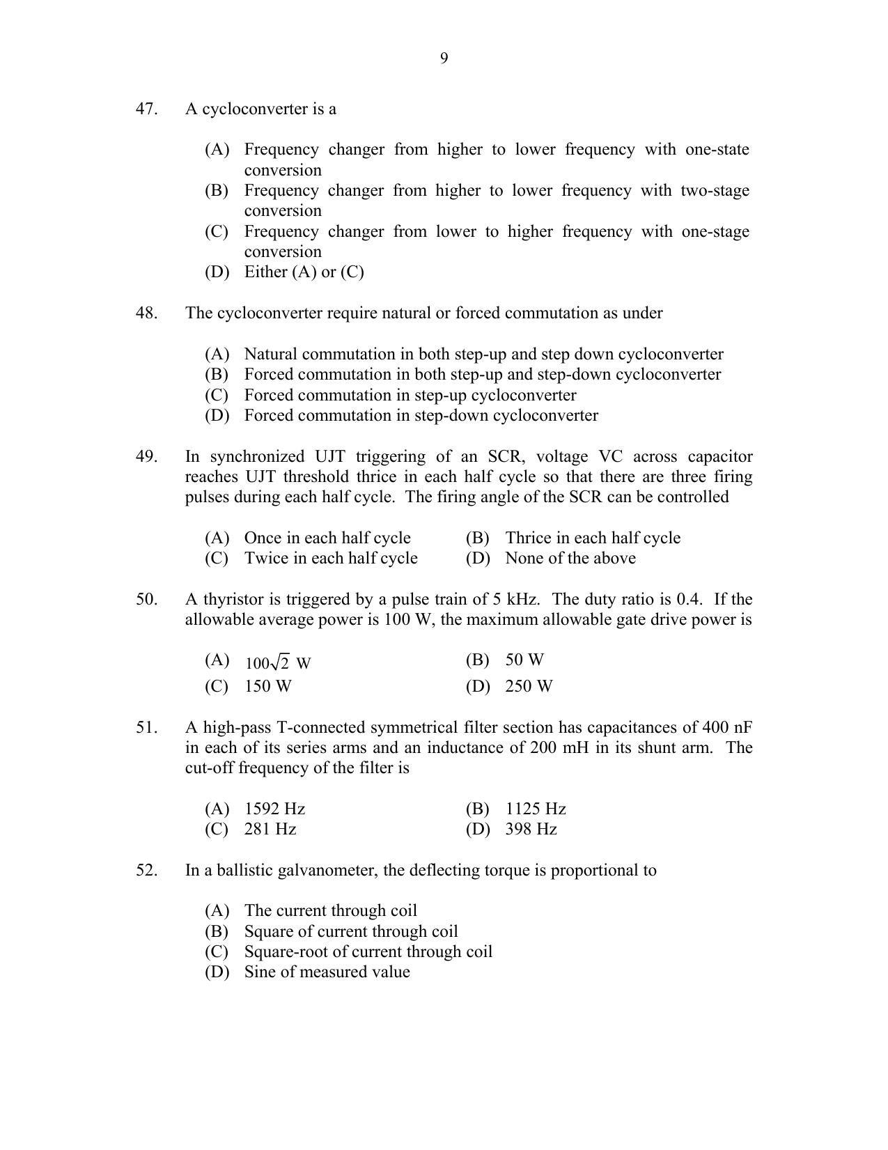 CUSAT CAT 2017 Electronics Question Paper - Page 9