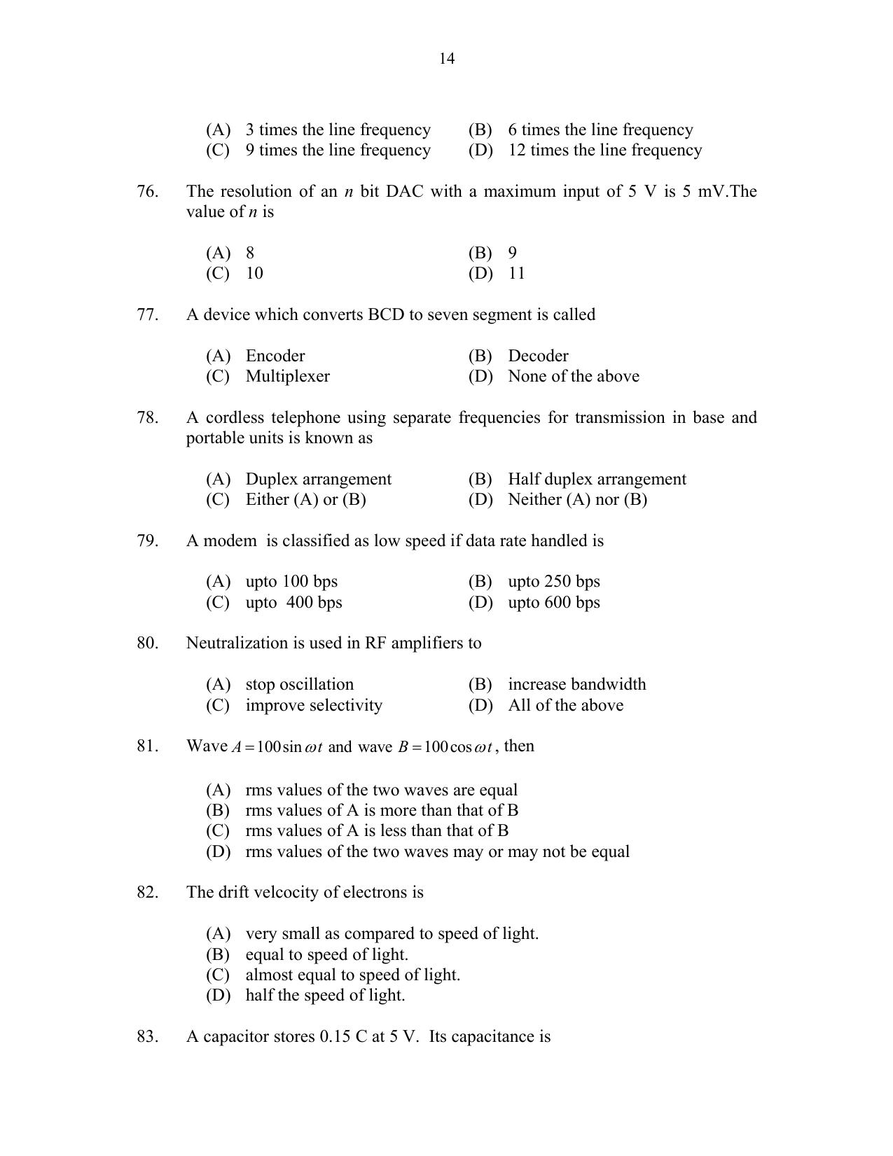 CUSAT CAT 2017 Electronics Question Paper - Page 14