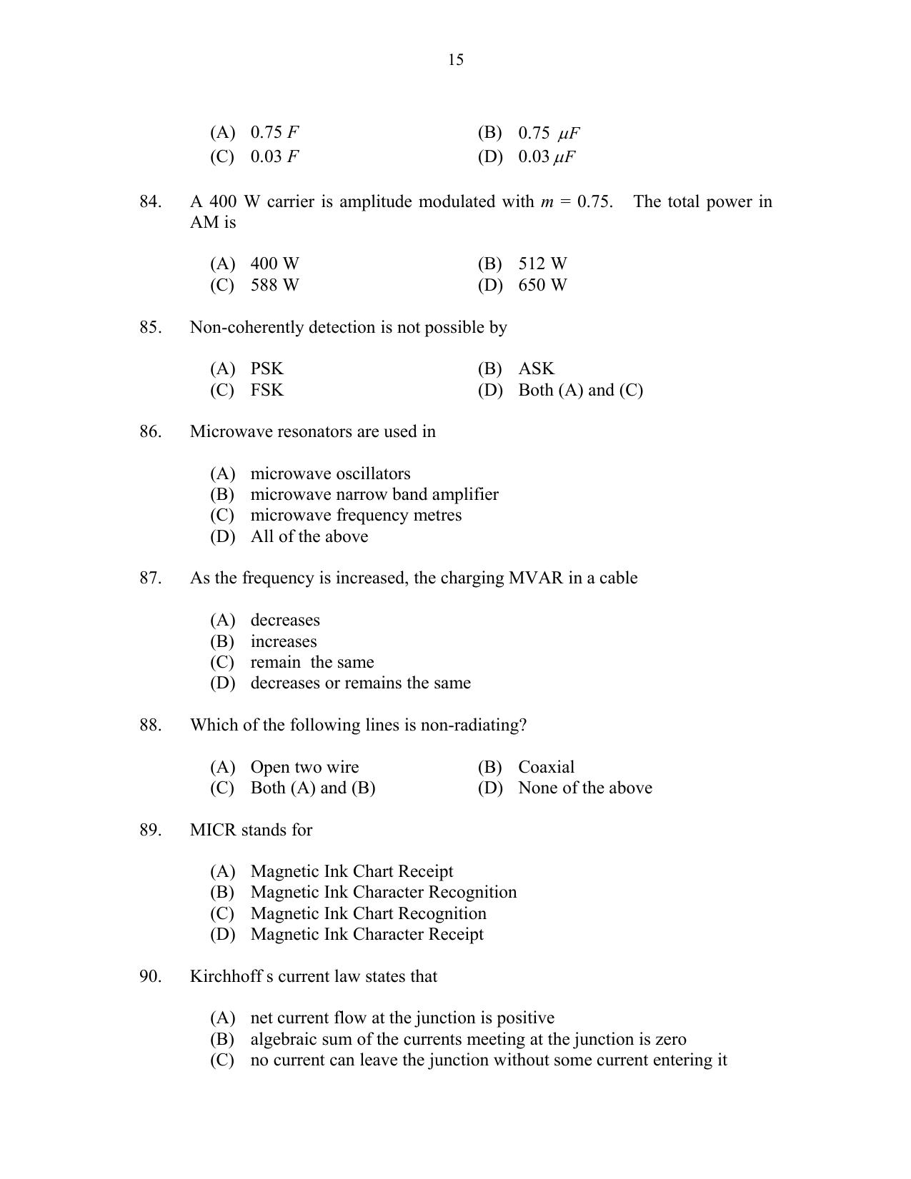 CUSAT CAT 2017 Electronics Question Paper - Page 15