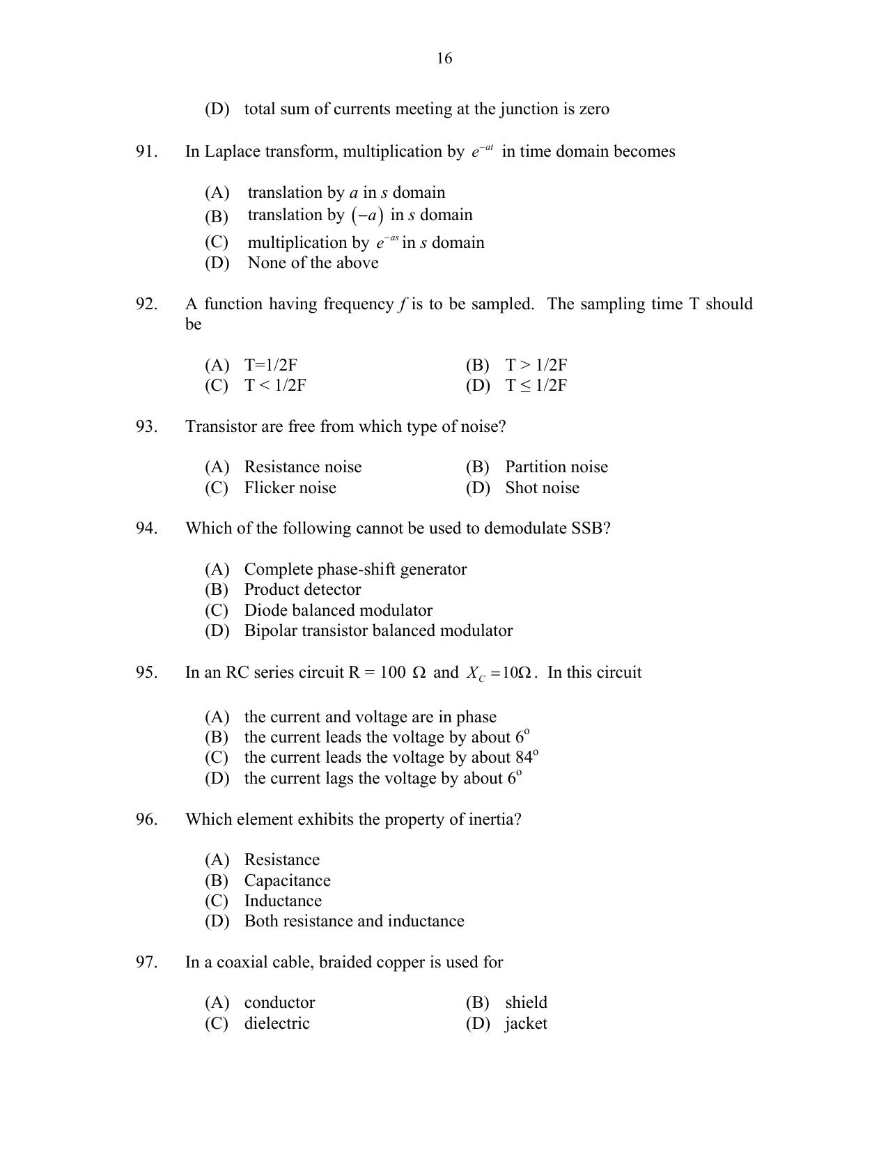 CUSAT CAT 2017 Electronics Question Paper - Page 16
