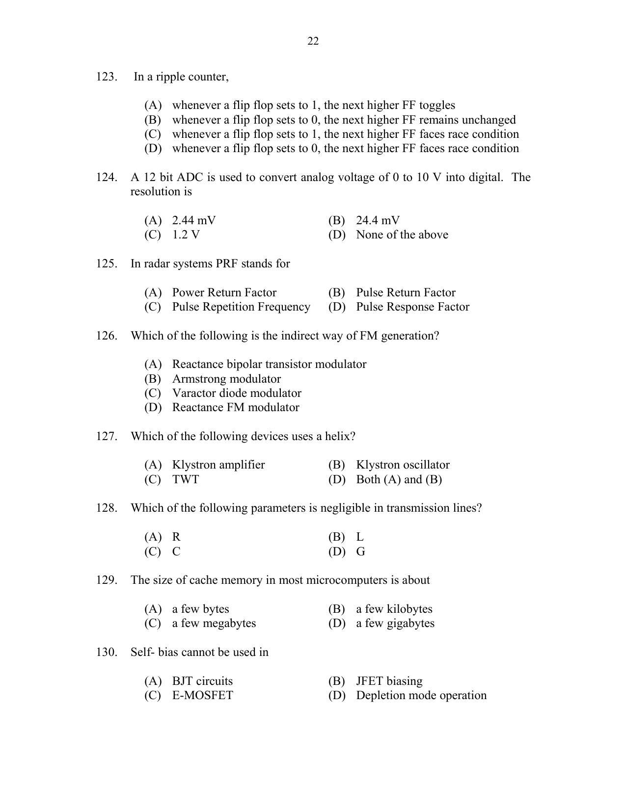 CUSAT CAT 2017 Electronics Question Paper - Page 22