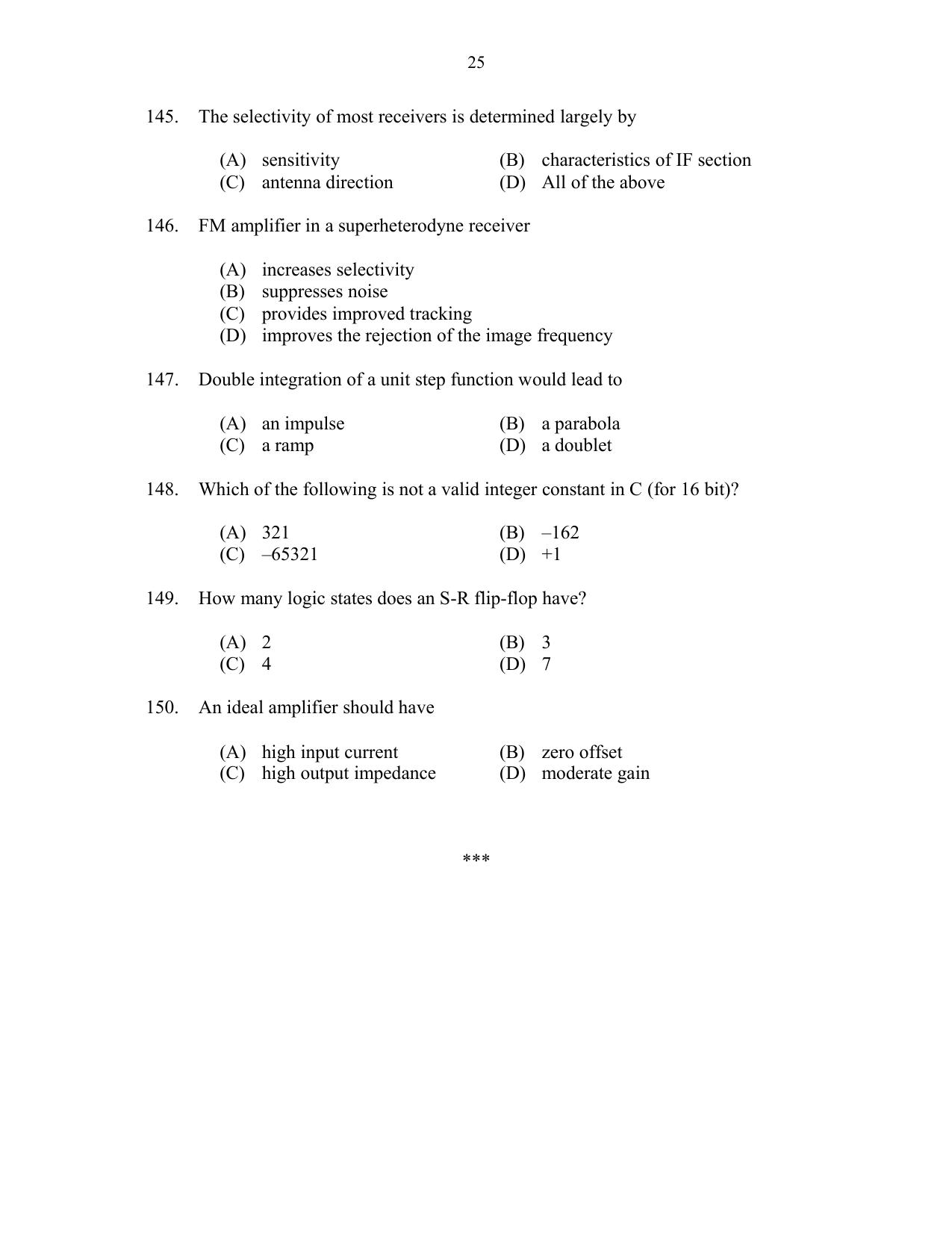 CUSAT CAT 2017 Electronics Question Paper - Page 25