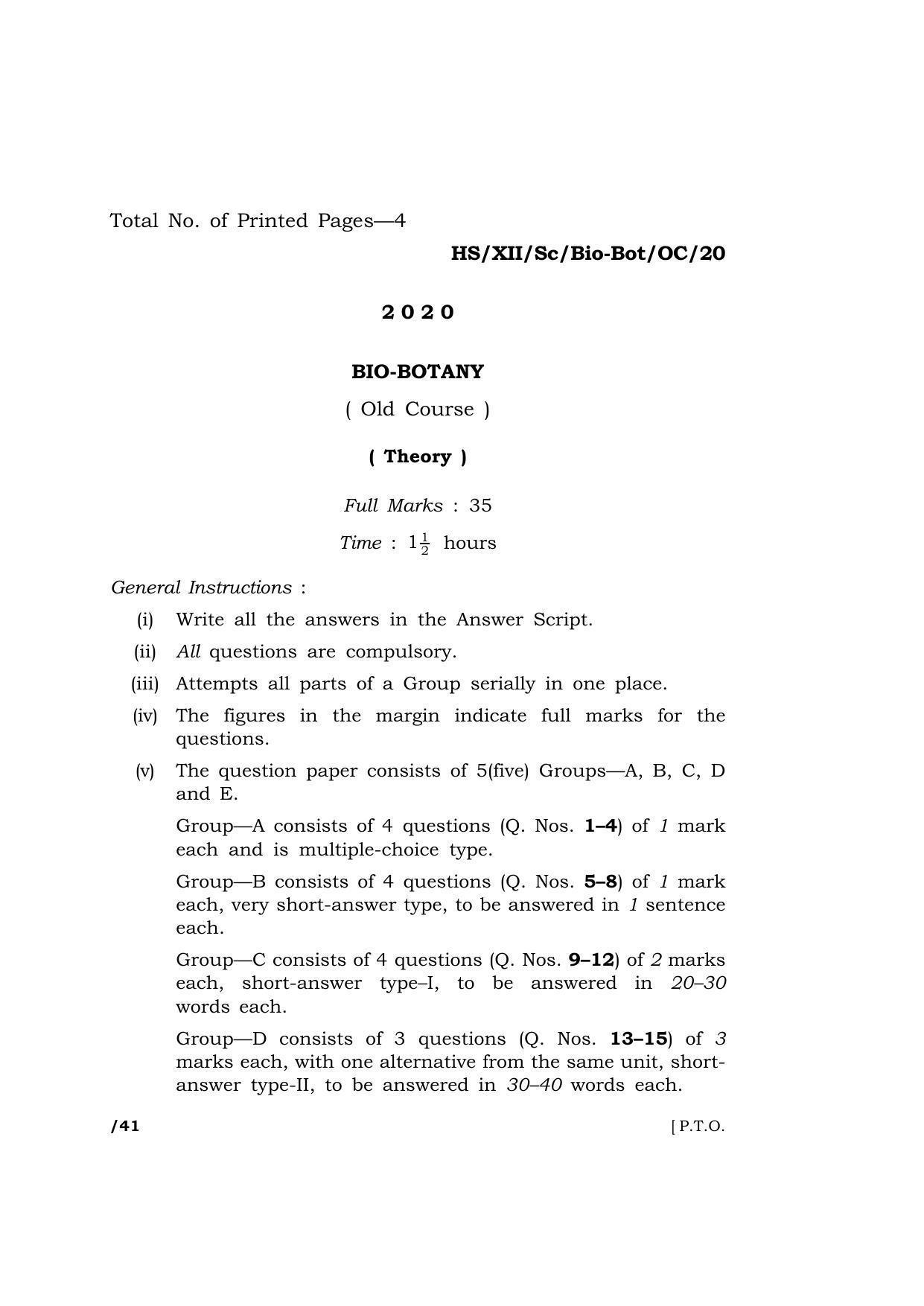 Meghalaya Board (MBOSE) Class 12 BIO-BOTANY ( Old Course ) ( Theory ) 2020 Question Paper - Page 1