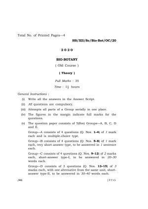Meghalaya Board (MBOSE) Class 12 BIO-BOTANY ( Old Course ) ( Theory ) 2020 Question Paper