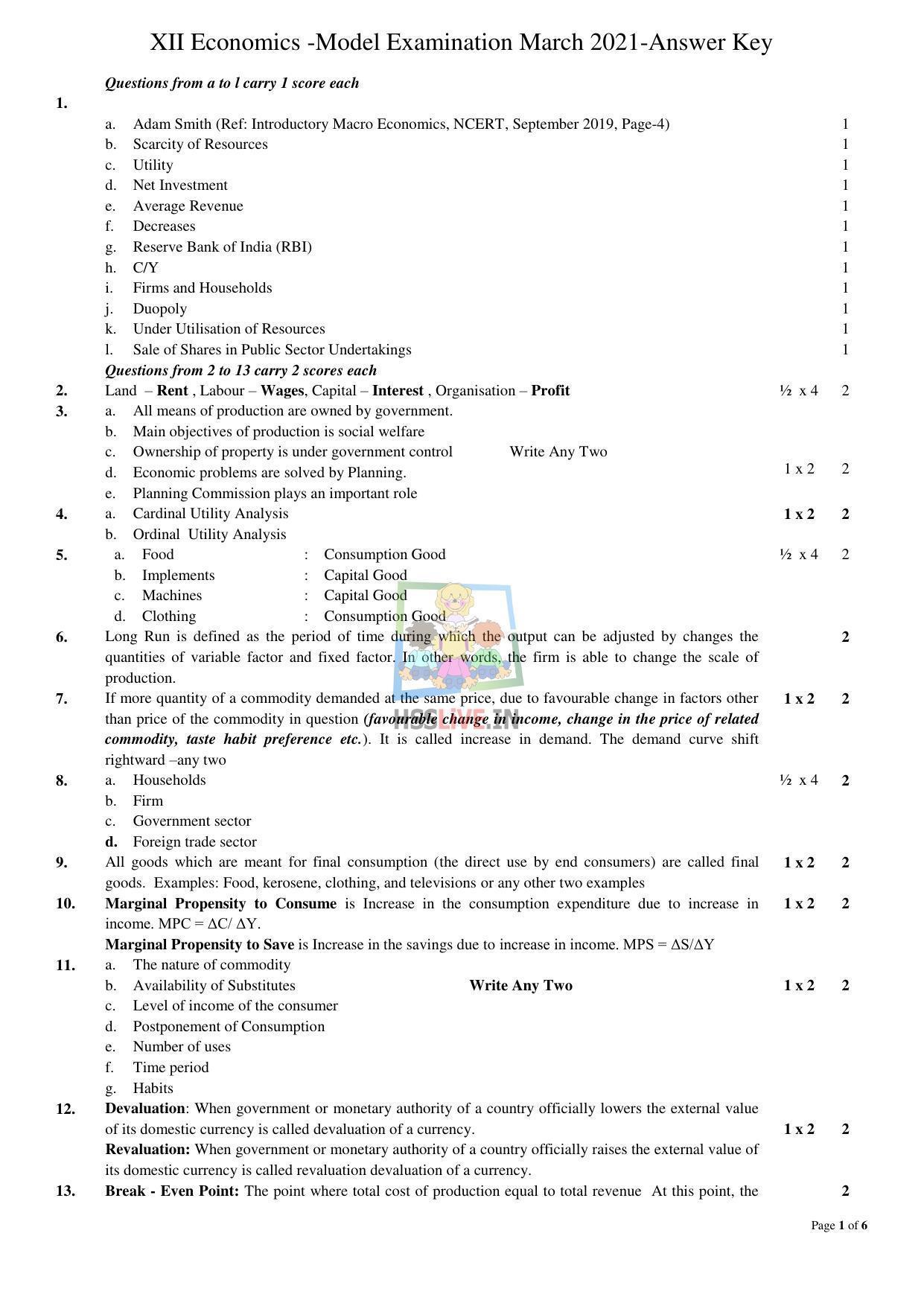 Kerala Plus Two 2021 Economics Model Answer Key - Page 1